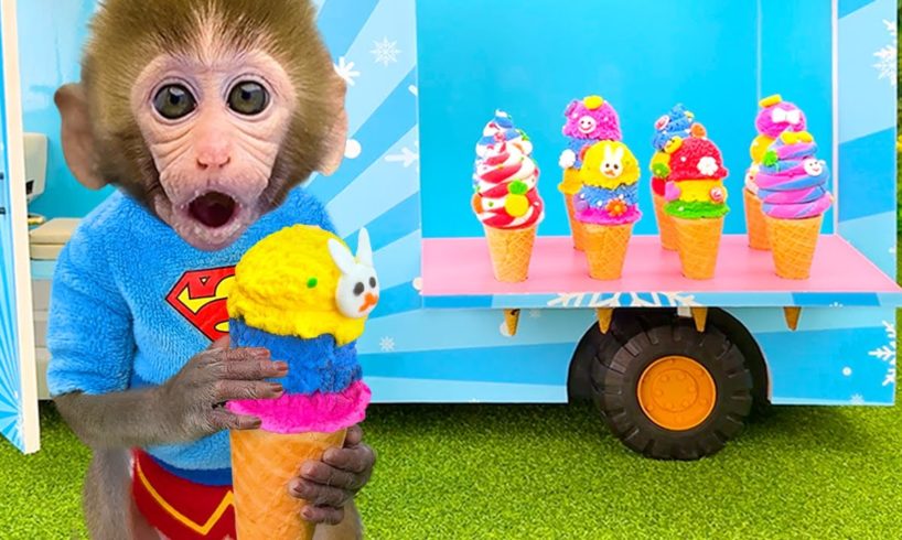 Monkey Baby Bon Bon drives the ice cream truck to the farm and eats rainbow ice cream  with puppy