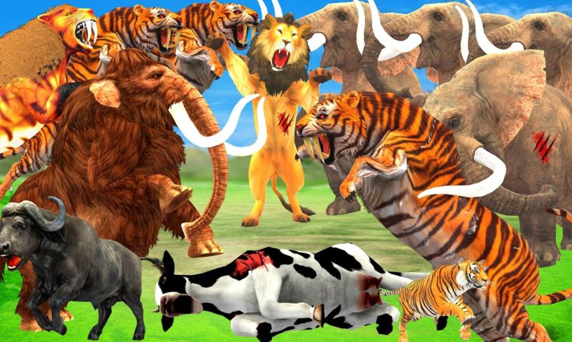 10 Elephants Vs 10 Giant Tiger Lion Fight Cow Cartoon Buffalo Saved by Woolly Mammoth Vs Sabertooth