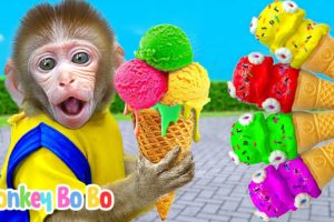 Monkey Bo Bo explores Four Color Ice Cream Vending Machine | Animal Monkey Bo Bo