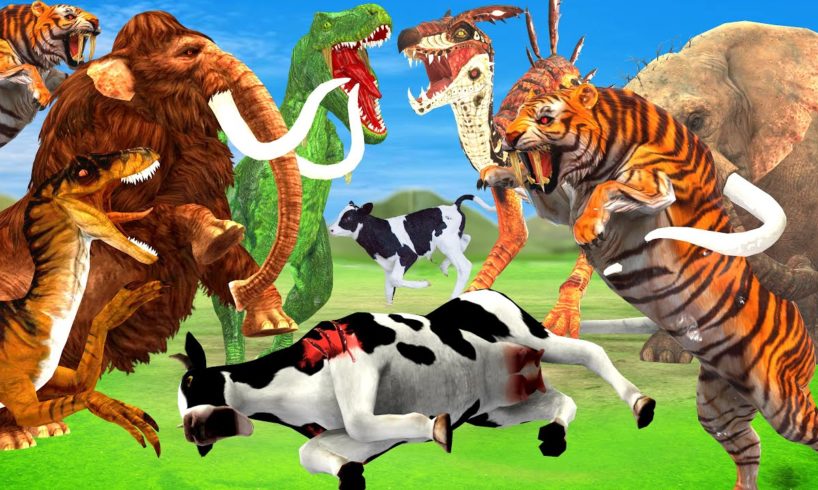 Sabertooth vs Raptor Attack Cow Cartoon Save by Woolly Mammoth Elephant Fight Dinosaur vs Tiger