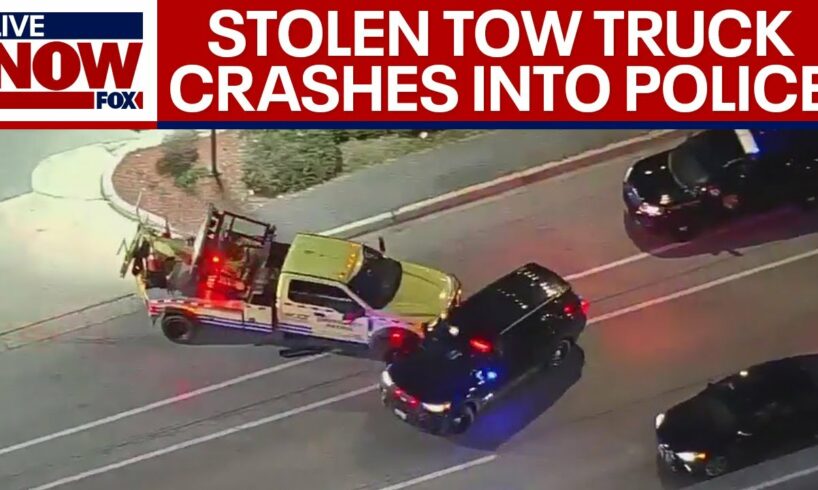 Dangerous police chase: Stolen tow trucks crashes into cars, police cruisers | LiveNOW from FOX