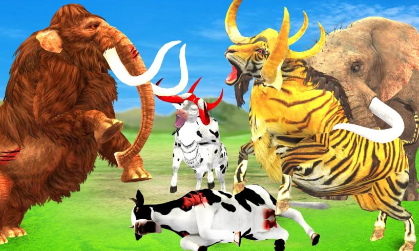 Giant Elephant Attacks Cow Cartoon, 2 Buffalos and Bulls Saved By Giant Tiger Bull Vs Woolly Mammoth