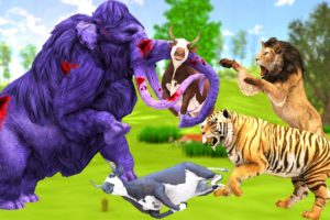 Lion VS Tiger Attacks Cartoon Cow Saved By Woolly Mammoth Animal Fight | Animals Mammoth War