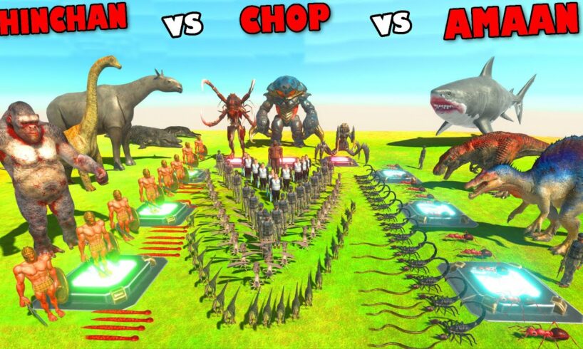 SHINCHAN vs CHOP vs AMAAN TEAM in Animal Revolt Battle Simulator MECHA SHARK, T-REX, BRACHIOSAURUS