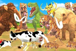 Tiger Bull Fight Giant Tiger Attack Cow Cartoon Buffalo Saved by Woolly Mammoth Elephant Vs T-Rex