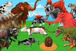 10 Giant Tiger Vs 3 Zombie Elephant Fight T-Rex Chase Cow Cartoon Saved by 2 Woolly Mammoth Mastodon