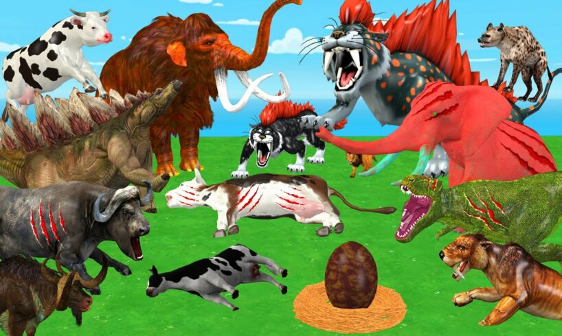10 Giant Tiger Vs 3 Zombie Elephant Fight T-Rex Chase Cow Cartoon Saved by 2 Woolly Mammoth Mastodon