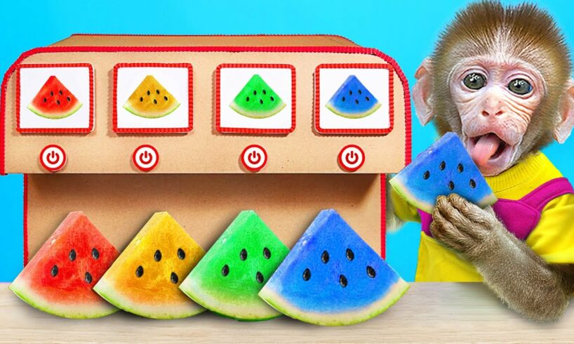 KiKi Monkey taste Colorful Watermelon Ice Cream Machine and play with Ducklings | KUDO ANIMAL KIKI