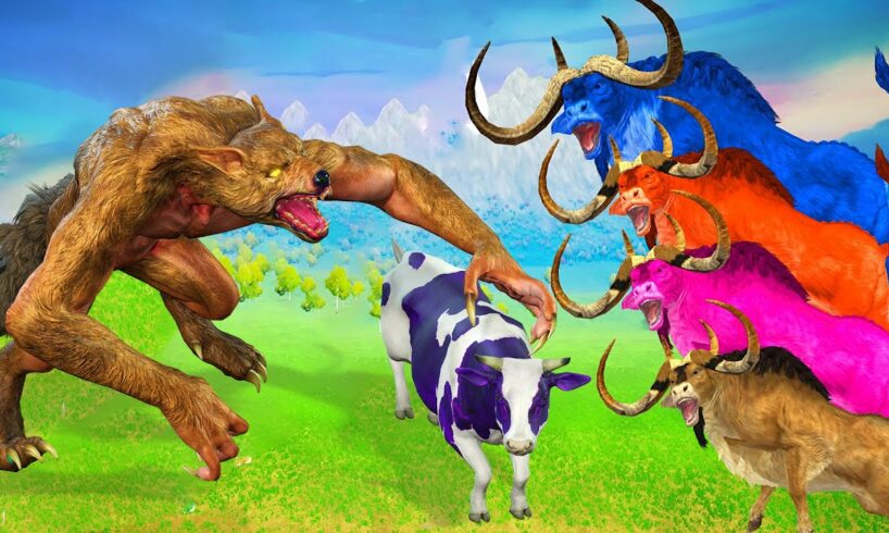 Cow Cartoon Vs Zombie Wolf Fight, Giant Bull Save 5 Cow Cartoon Animal Revolt Battle Simulator