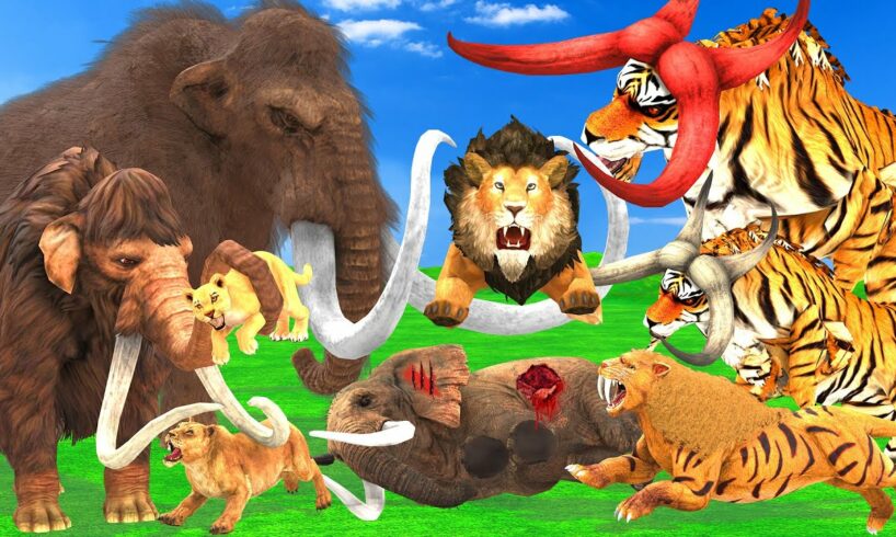 Giant Lion Fight Tiger Bull Vs Mammoth Vs Sabertooth Tiger Attack Lion Cub Saved By Woolly Mammoth
