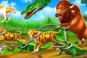 Tigers vs Bison Rescue Farm Animals - Cow Horse Buffalo | Farm Animals Cartoons Comedy Videos