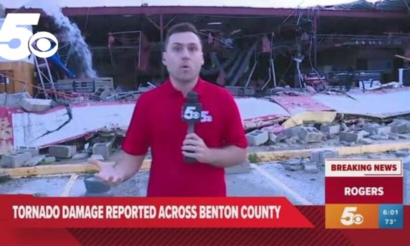 Apparent tornado damage seen near downtown Rogers, Arkansas