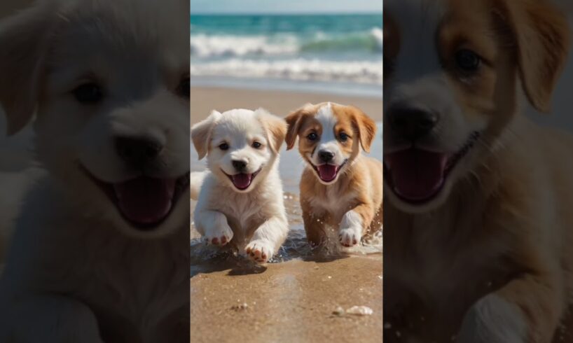 cute puppies playing on beach