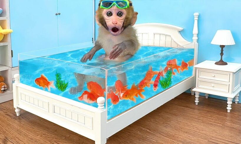 Monkey Baby Bon Bon Goes Fishing and Swims with Ducklings in the Pool