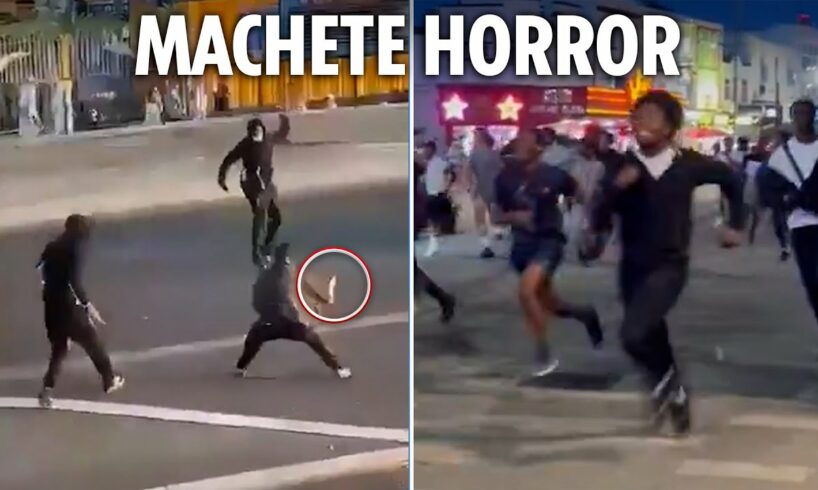 Terrifying moment machete-wielding thugs fight it out on busy seafront sparking chaos