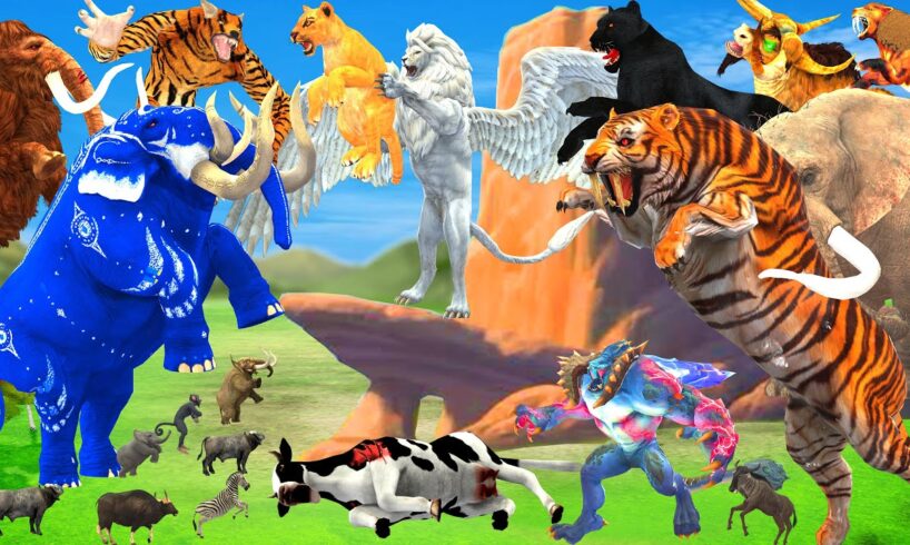 10 Mammoth Elephant Cow vs 5 Giant Tiger Wolf Lion Fight Zombie Bull Buffalo Saved by Woolly Mammoth