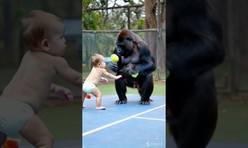 Gorilla and baby play tennis together.#gorillababy #cute #animals #gorilla #baby