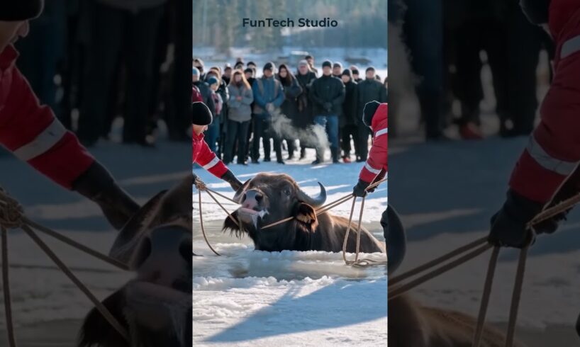 😱Buffalo Rescue at Icy Lake #buffalo #animals #animal #animallover #shorts #short #wildlife #nature