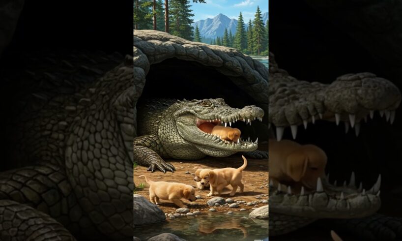 Cute puppies playful with crocodile cement #cutepuppy #animallife