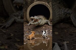 Cute puppies playing outside encounters a huge crocodile swallows a duck #crocodileattacks #duck