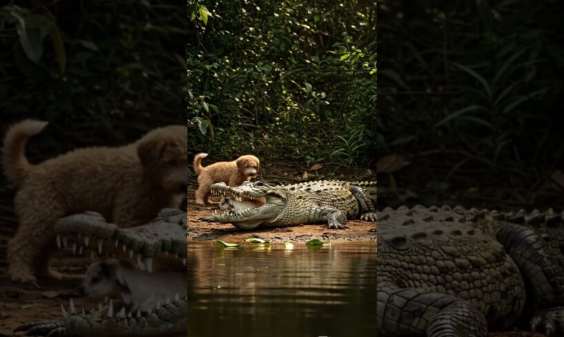 Cute puppy playing outside encounters a huge crocodile 2 #wildlife #crocodileattacks #goat #puppy