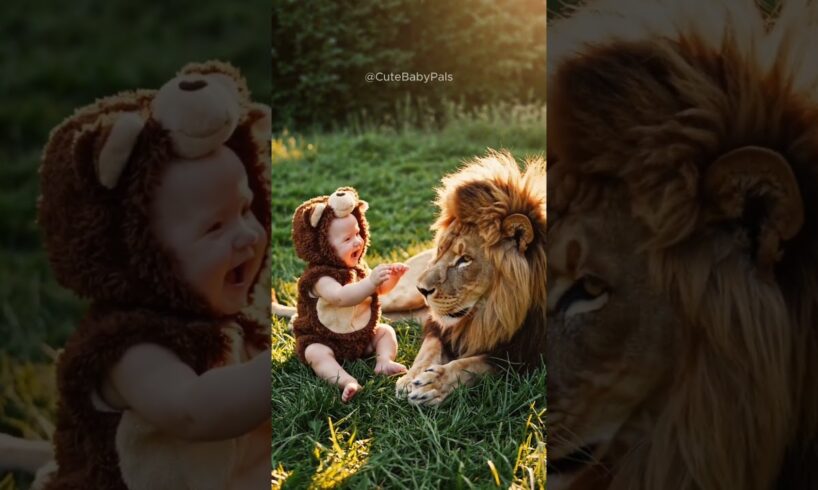 Baby dressed as lion playing with a REAL lion 😮 #baby #lion #animals #animalshorts #cutebaby