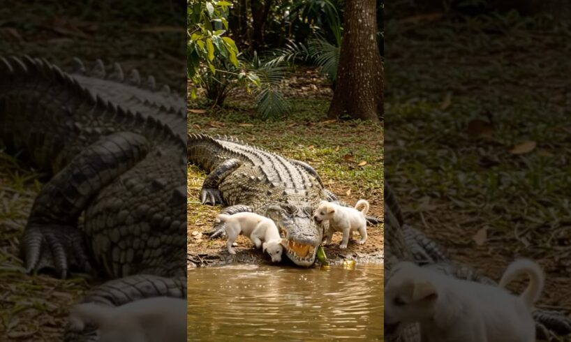 Cute puppies playing outside encounters huge crocodile😱🐊🐶 #giantcrocodile #crocodile #puppy
