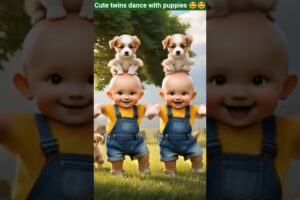 Cute twins wearing animal tails dance with cute puppies 😍😍😍 #cutepuppies #cutebabies #babydance