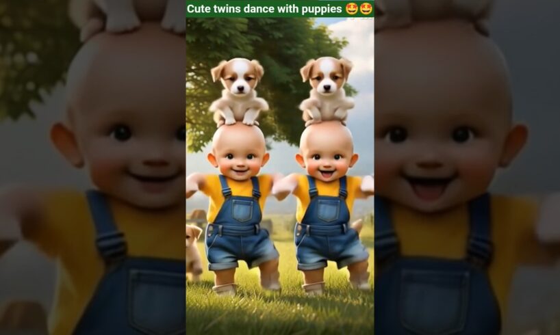 Cute twins wearing animal tails dance with cute puppies 😍😍😍 #cutepuppies #cutebabies #babydance