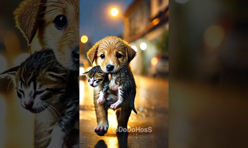 Dog rescues a kitten - Puppy saves a kitten life #animalrescue
