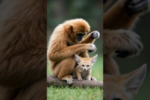 Golden gibbon is playing with a little Fennec Fox #gibbon #animals  #wildlife