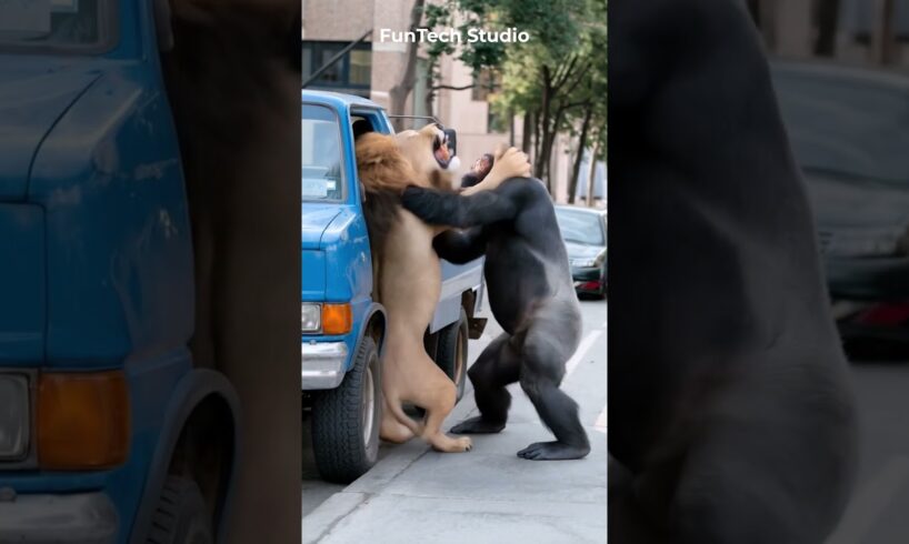 😱🦍Gorilla Vs Lion Brutal Road Fight #animals #animal #short #shortvideo #wildlife #gorillatag #lion