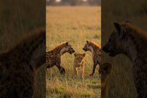 Hyenas is playing with a little lion #hyenas #lion #animals
