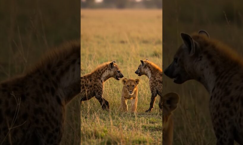 Hyenas is playing with a little lion #hyenas #lion #animals