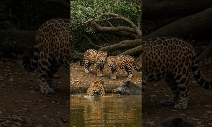 Jaguar playing water with boar #jaguar #wildlife #animals #wildlifephotography