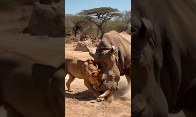 The Rhinoceros vs. the Lion: A Stunning Showdown #wildlife #wildlifeantics #animals