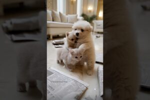 Two cute puppies and a kitten playing