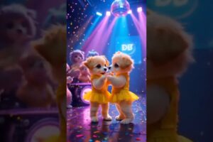 Two cute puppies wearing yellow dress are dancing in the party.