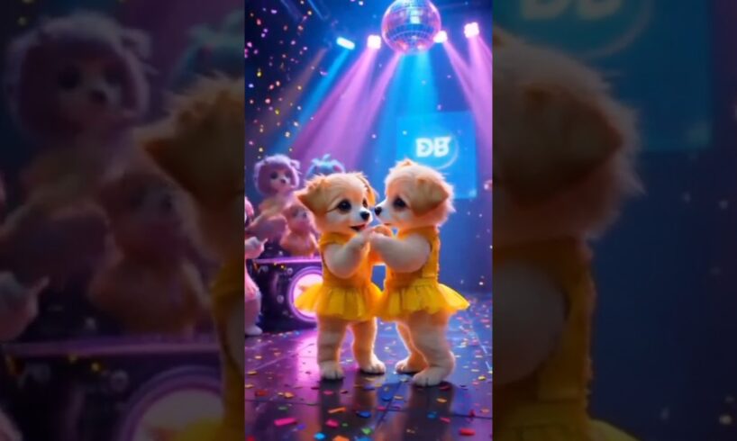 Two cute puppies wearing yellow dress are dancing in the party.
