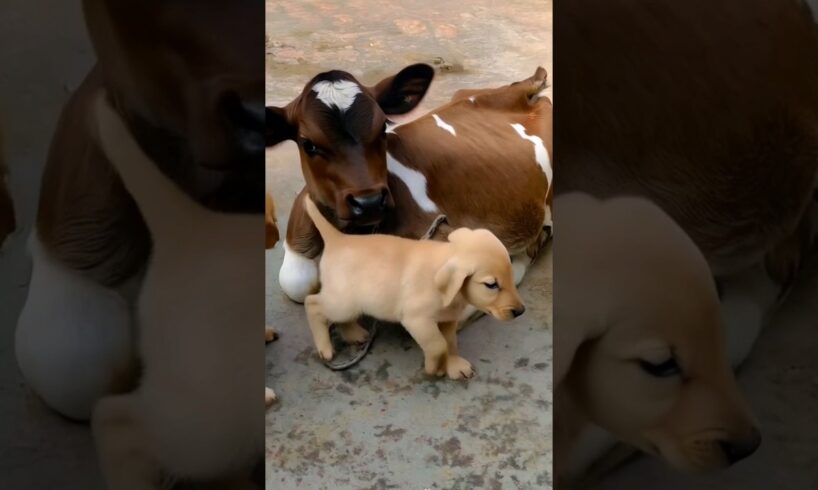 cute puppies with a cute little baby cow #cow #puppy #puppies #cutecow #cuteanimals #youtubeshorts