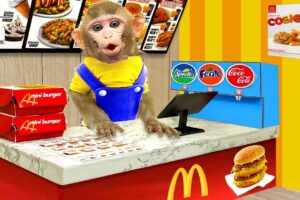 Baby Monkey KiKi goes to buy fast food at supermarket and eat yummy with puppy | KUDO ANIMAL KIKI