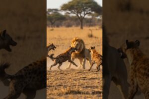 Lion Battles Hyena Pack in Wild Savannah | Real Animal Fight #shorts #animals #viral