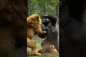 Lion vs Gorilla: Epic Showdown at the Zoo! 🦁🥊🦍 #wildbattle #animalfight