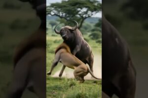 The bull fights the lion and the bull's temper cannot be stopped even when it comes. Animal worl