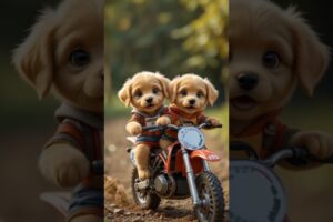 Two cute puppies are riding a motocross.