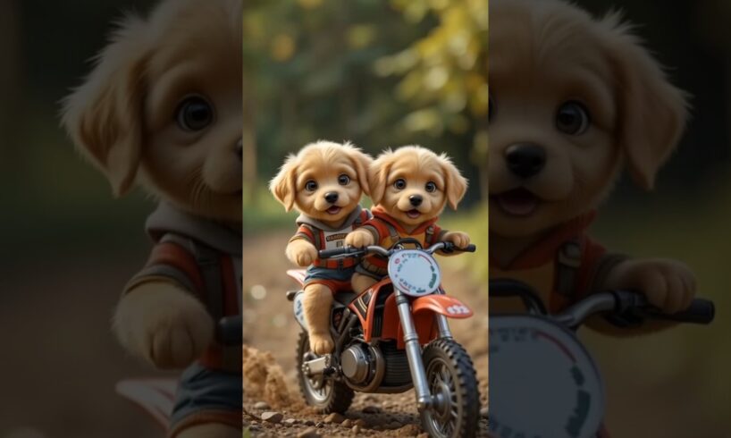 Two cute puppies are riding a motocross.