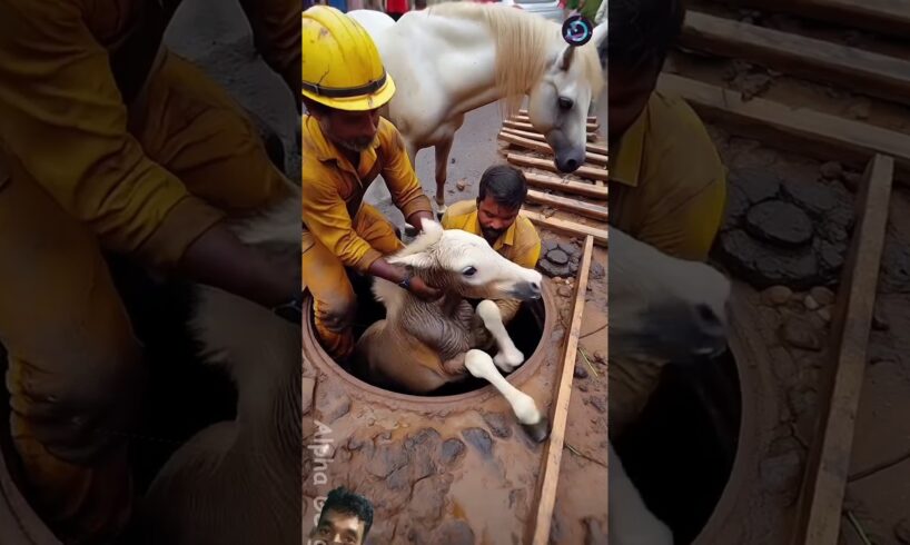 baby foal falls into a huge manhole saved by brave mother #humanity #animals #pets #funny #horse