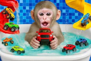KiKi Monkey bath in Bubble Bathtub with Monster Truck Car Toy Playset vs Puppy | KUDO ANIMAL KIKI