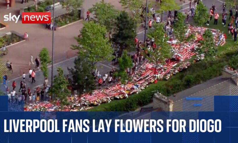 Liverpool fans lay flowers at Anfield for Diogo Jota and his brother