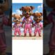Three cute puppies are dancing in a fashion show on the beach.